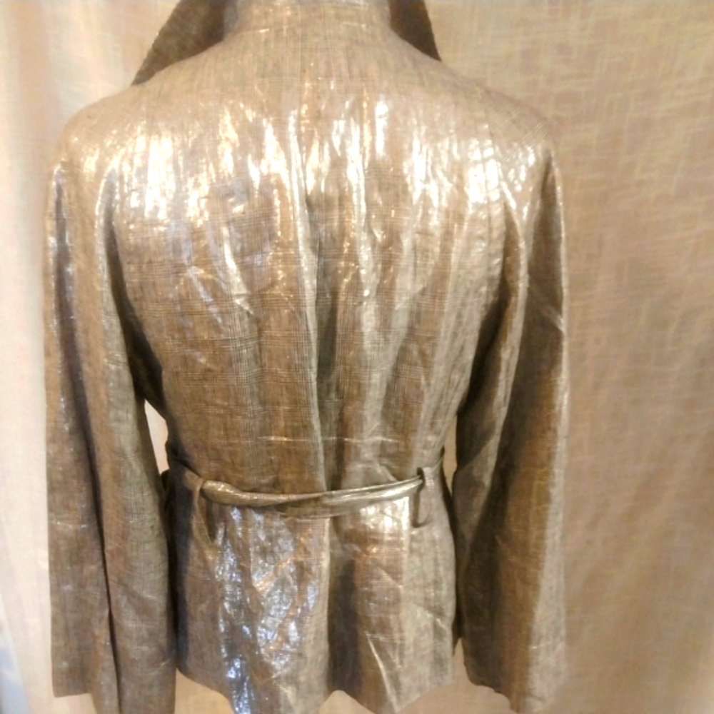 Jones New York Silver Trench Coat with Belted Waist and Glossy Finish - Picture 2 of 5